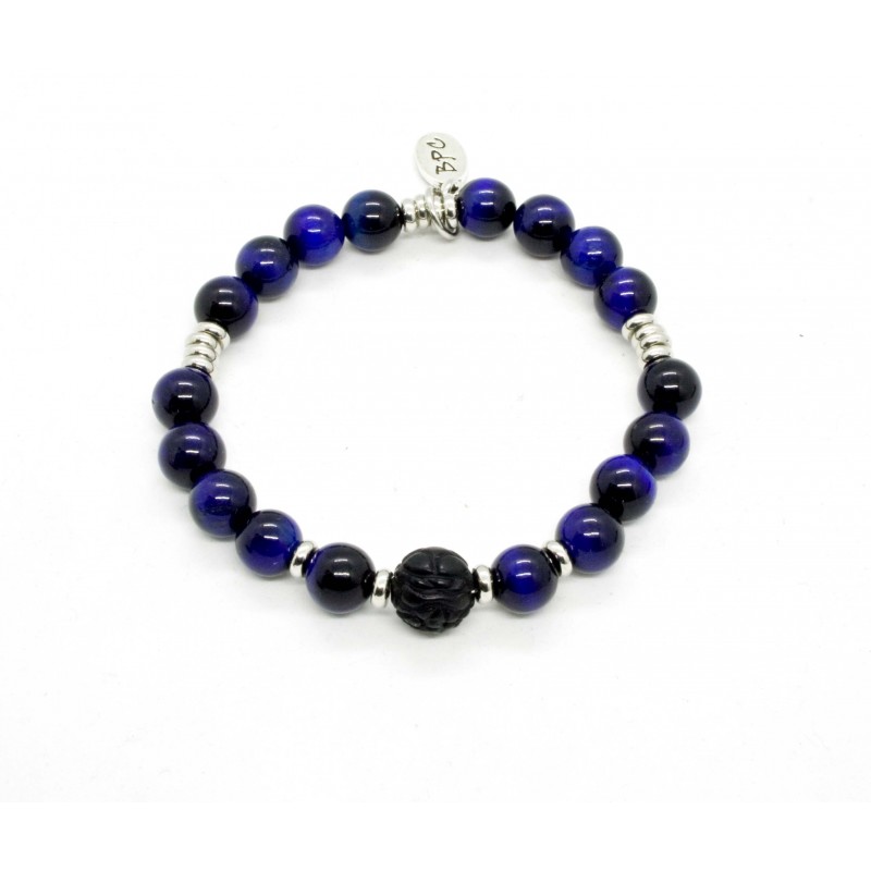 Bracelet Oeil de tigre bleu et Obsidienne sculptée - Black Pearl Créations